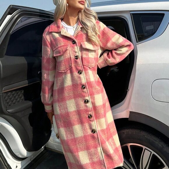 Multicolor Casual Womens Plaid Print Flap Pocket Overcoat - Picture 5 of 5